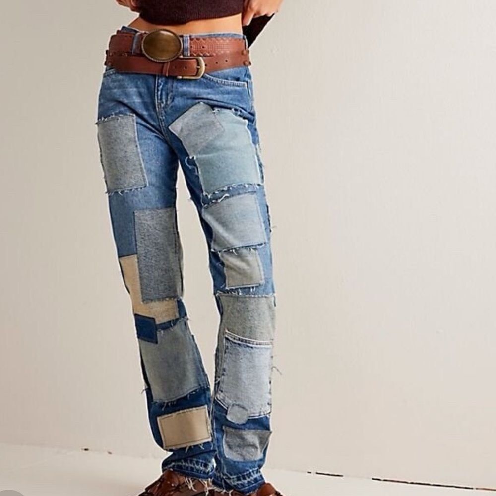 Free People Patchwork Straight Leg Jeans in Light Blue and Dark Blue - Picture 2 of 9
